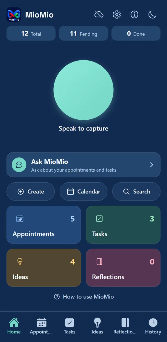 MioMio home screen with the Speak to capture button